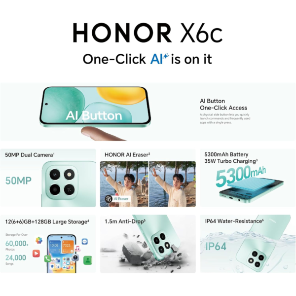 HONOR X6c Smartphone 6GB RAM 128GB ROM, 6.61" 120Hz Display, 50MP Camera, 35W Fast Charging, Dual SIM, Moonlight White – Middle East Version (UAE Type Approved)